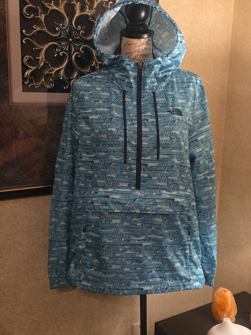 The North Face Blue Pattern Half-Zip Hoodie Packable Windbreaker Rain Pullover L